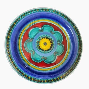 DeSimone Italy Art Ceramic Plate Signed Colorful Pottery Blue Red Flower 10 Inch